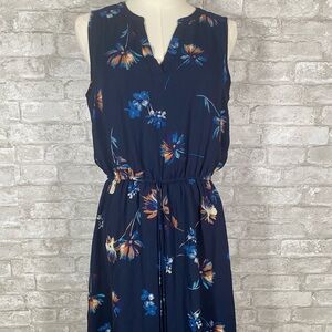 Navy Floral Print Drawstring Waist V-Neck Dress sleeveless women’s size medium‎